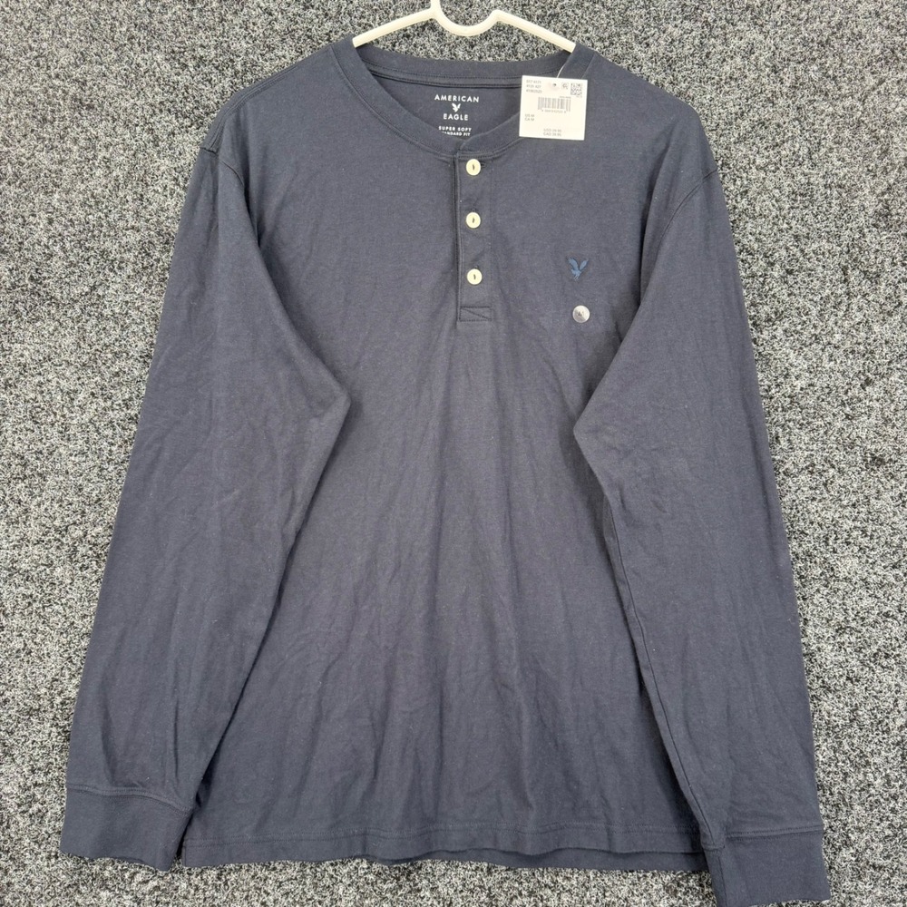American Eagle Mens Super Soft Henley Shirt Navy Blue Long Sleeve Medium NEW